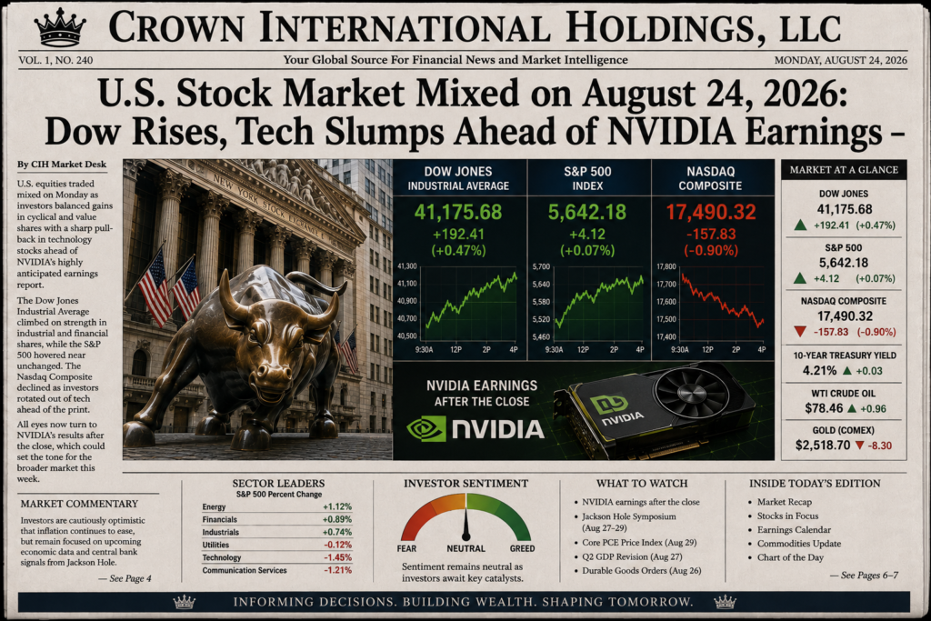U.S. Stock Market Mixed on August 24, 2026: Dow Rises, Tech Slumps Ahead of NVIDIA Earnings