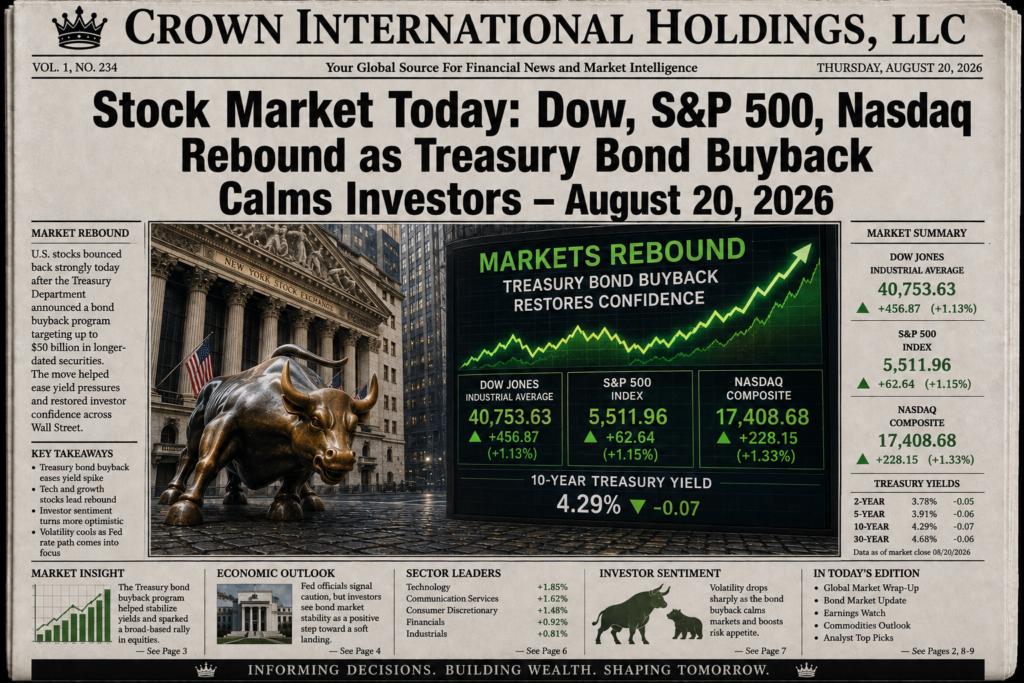 Stock Market Today: Dow, S&P 500, Nasdaq Rebound as Treasury Bond Buyback Calms Investors – August 20, 2026